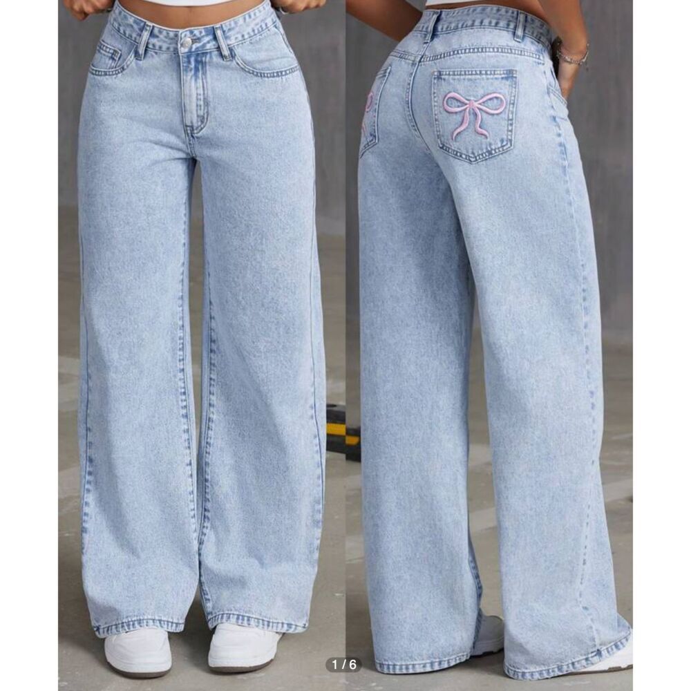 Your‎ Cute Jeans Womens Embroidered Bow Knot Washed Wide Leg Jeans Size 15 W30"